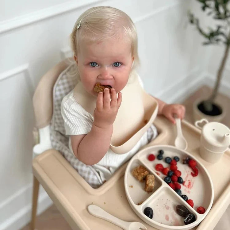Montessori 8-Piece Baby Feeding Set – Food Grade Silicone Bib, Suction Bowl, Plate and Straw Cup with Wooden Utensils
