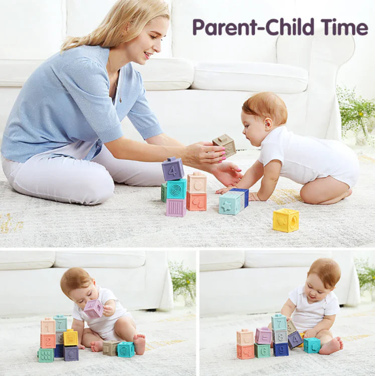 Montessori Silicone Baby Building Blocks and Sensory Balls – Soft Chewable Grasping Toys for 6–12 Months